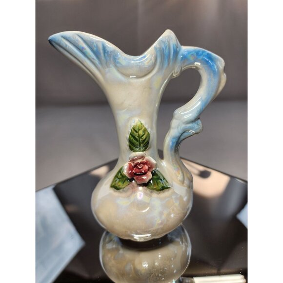 Vintage Lusterware Pitcher Blue & White Pearlescent Iridescent Beautiful Rose - Picture 5 of 7